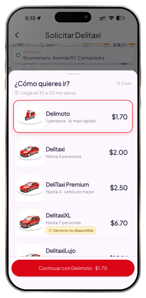 Deliservy — eliges moto, taxi o XL y ves el precio antes